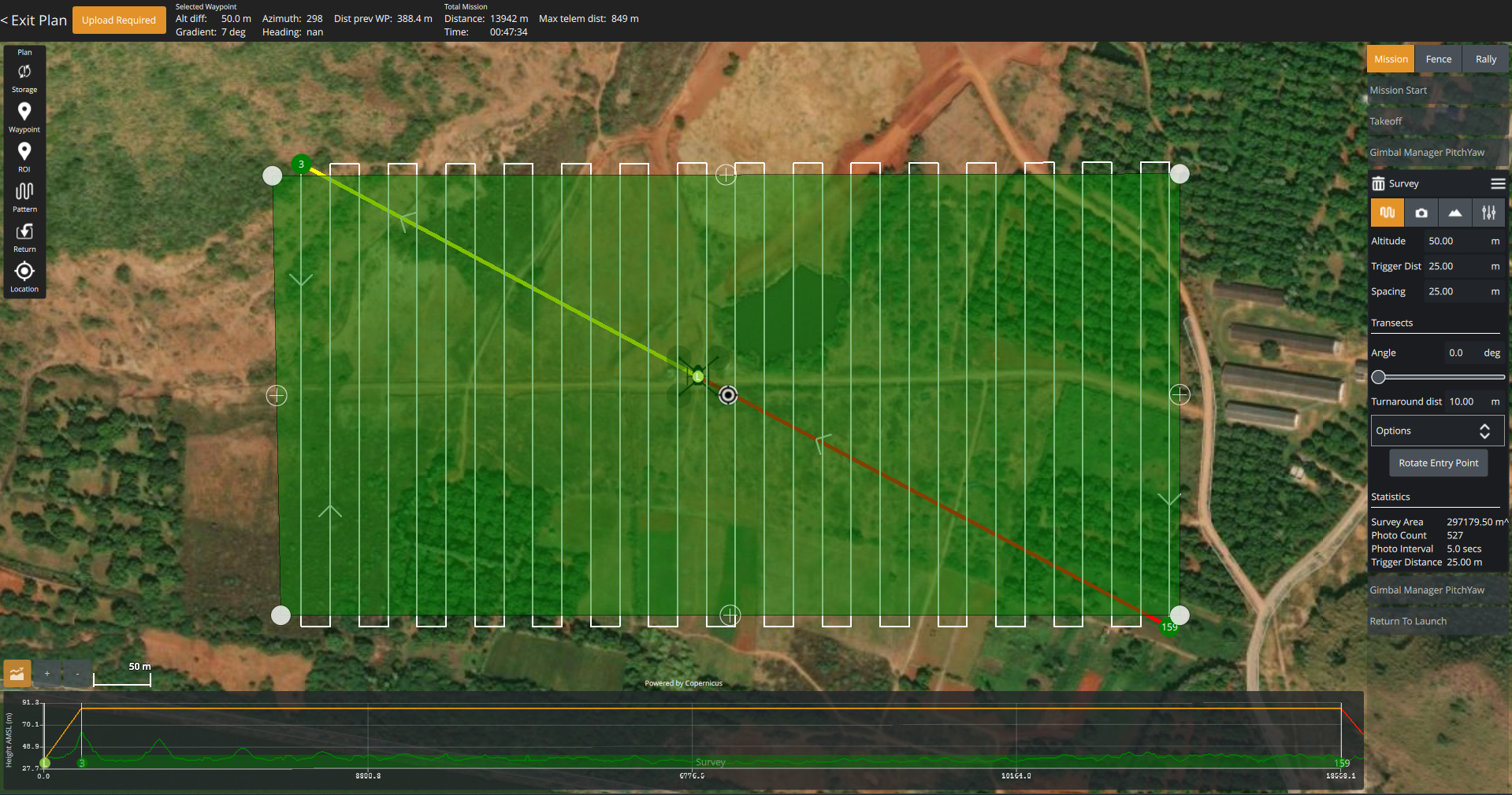 DroneSharp GCS mission planning map view with waypoints
